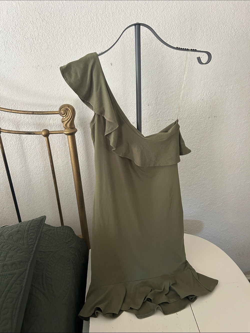 Hot Kiss Olive One-Shoulder Ruffle Hem Dress